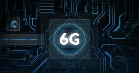 Image of 6g text over round scanner, microprocessor connections and data pr.. Foto stock