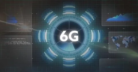 Image of 6g text over scanner and charts processing data on dark background 스톡 일러스트