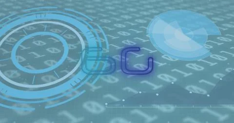 Image of 6g text over scopes scanning and binary coding in background Stock Illustration