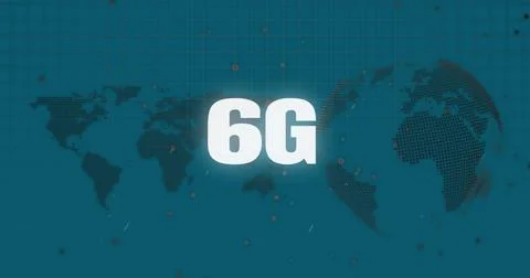 Image of 6g text over world map and globe 스톡 일러스트