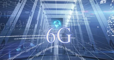 Image of 6g text, processing data and maths calculations over computer server Stock Photos