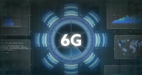 Image of 6g text on round scanner and interface with data processing on blue 스톡 사진