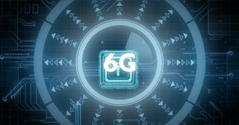 Image of 6g text, scope and data processing over black background Stockfoto's