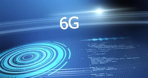 Image of 6g text with scope scanning and data processing over grid on blue Stock Illustration