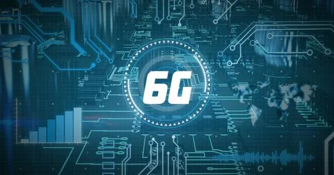 Image of 6g text, scope scanning over world map and computer processor 스톡 일러스트