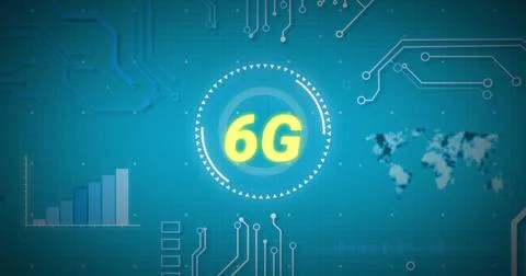 Image of 6g text, scope scanning and data processing over world map 스톡 일러스트