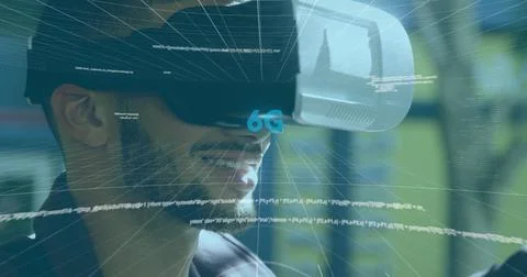 Image of 6g text, scope scanning and data processing on screens over man wearing Stock Photos