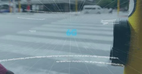 Image of 6g text, scope scanning and data processing over man pressing traffic Stock Photos