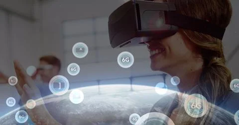 Image of 6g text, scopes scanning and data processing over woman wearing vr 스톡 일러스트