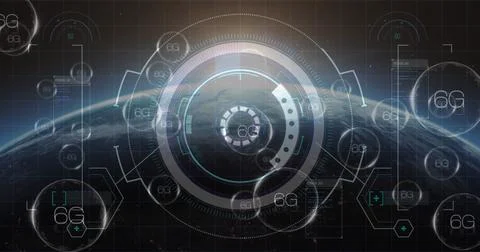 Image of 6g text, scopes scanning and data processing over digital screen Illustrazione stock