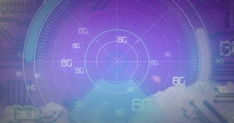 Image of 6g text, scopes scanning and data processing over digital screen Foto stock