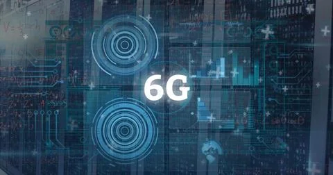 Image of 6g text, scopes scanning and data processing over computer servers Stock Photos