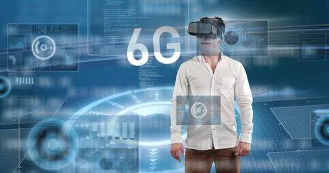 Image of 6g text, scopes scanning and data processing over man wearing vr Stock Photos
