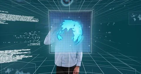 Image of 6g text, scopes scanning and data processing over man wearing vr Stock Photos