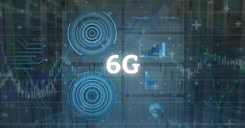 Image of 6g text, statistics and data processing over computer servers Foto stock
