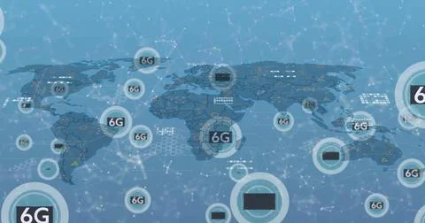 Image of 6g texts over world map and shapes Illustrazione stock