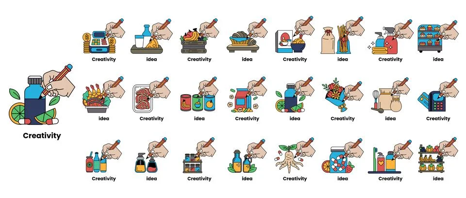 The image is about creativity and has a variety of food items Illustrazione stock