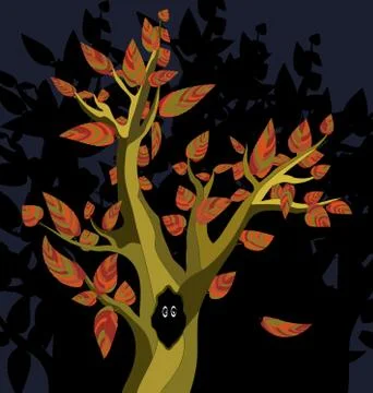 Image of the abstract autumn tree with black hole and eyes Stock Illustration