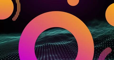 Image of abstract colorful gradient shapes and green digital wave against black 스톡 사진