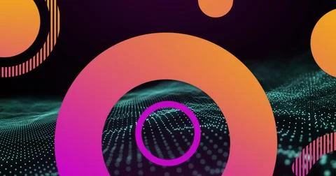 Image of abstract colorful gradient shapes and green digital wave against black Foto stock