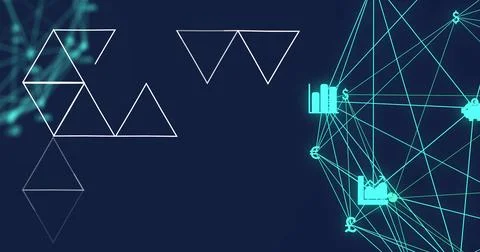 Image of abstract geometric shapes over two globes of digital icons spinning on 스톡 사진