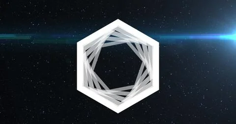 Image of abstract hexagonal shape spinning over blue light spot against black Stock Illustration