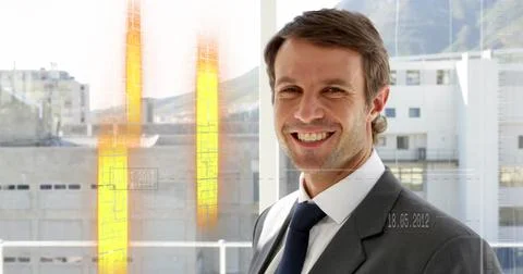 Image of abstract pattern and changing numbers, smiling caucasian man standing Stock Illustration