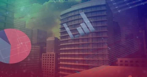 Image of abstract pattern and infographic interface over modern buildings Stock Photos