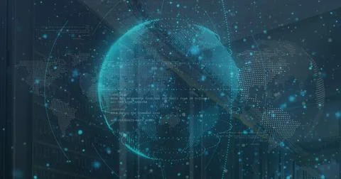 Image of abstract pattern around rotating globes over programming language .. Stock Photos