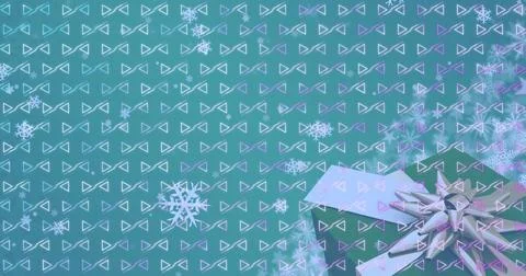 Image of abstract pattern design over snowflakes falling against close up of Stock Photos