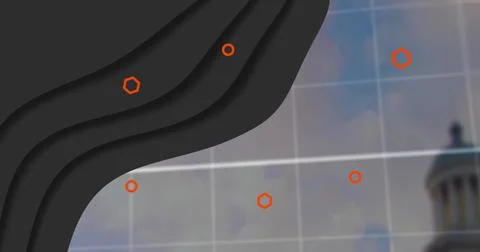 Image of abstract pattern with hexagons, circles and graph over cloudy sky Stock Photos