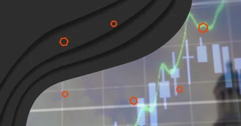 Image of abstract pattern with hexagons, circles and graph over cloudy sky Foto stock