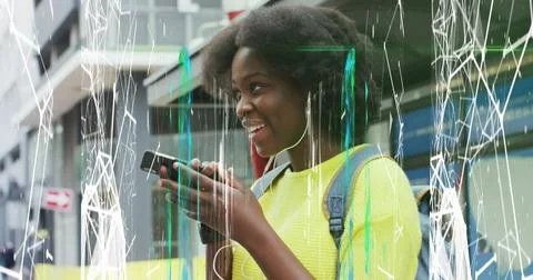 Image of abstract pattern over african american woman talking on phone wear.. Stock Photos
