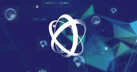 Image of abstract shape spinning over round scanners and plexus networks on blue Stock Photos