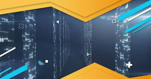 Image of abstract shapes and data processing over computer servers 스톡 사진