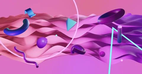 Image of abstract shapes moving over waving pink background Stock Illustration