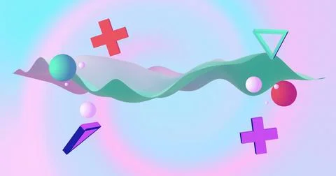 Image of abstract shapes moving over waving multi coloured background Stock Illustration