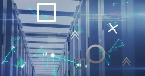 Image of abstract shapes, plexus networks and data processing over computer Stock Photos