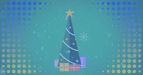 Image of abstract shapes in seamless pattern against christmas tree and gift 스톡 사진