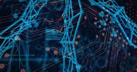 Image of abstract structure, data and molecules over circuit board pattern in Stock Illustration