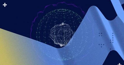 Image of abstract waves with connecting the dots pattern and globe Stock Photos