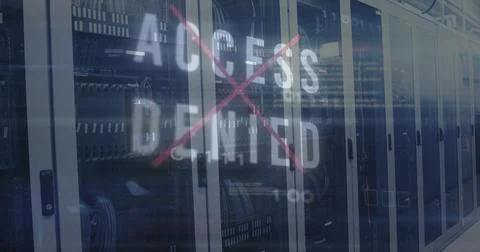 Image of acces denied text and data processing over server room Stockillustratie