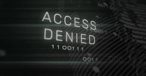 Image of access denied over binary codes forming globe against black background 스톡 사진