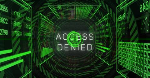 Image of access denied text, changing numbers in circles, loading bars against Stock Photos