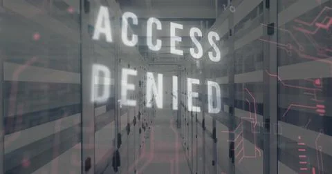 Image of access denied text in circuit board pattern and binary codes over bars Stockfoto's