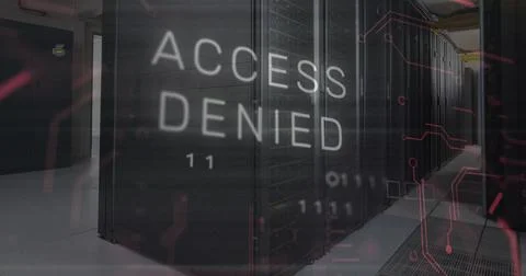 Image of access denied text over data processing and computer motherboard and Stock Illustration