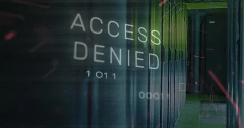 Image of access denied text over data processing and server room Stock Illustration