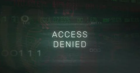 Image of access denied text, x symbol, binary codes, circuit board texture over Stock Illustration