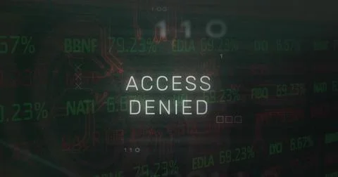 Image of access denied text, x symbol, binary codes, circuit board texture over Stock Illustration