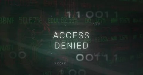 Image of access denied text, x symbol, binary codes, circuit board texture .. Stock Photos